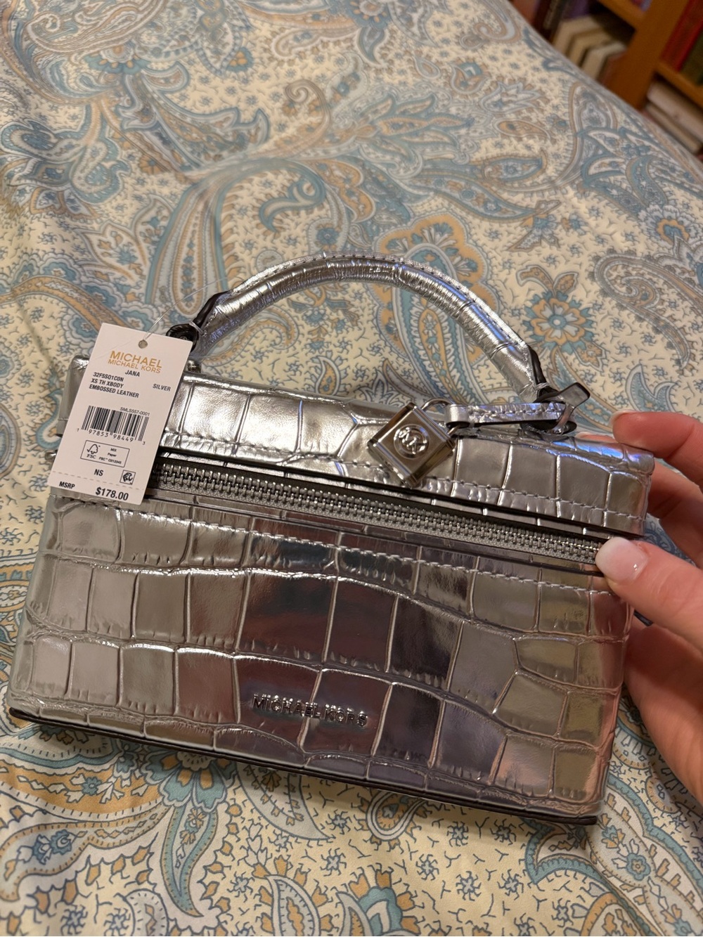NWT Michael Kors Metallic Silver Croc-Embossed Mini Top Handle Bag